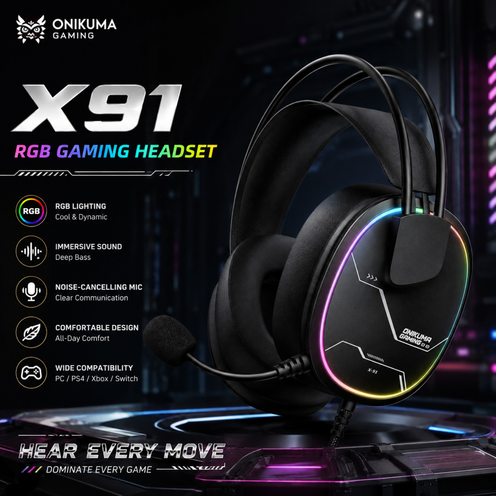 Gaming Headset With Mic Rgb - Casque de jeu filaire ONIKUMA X91
